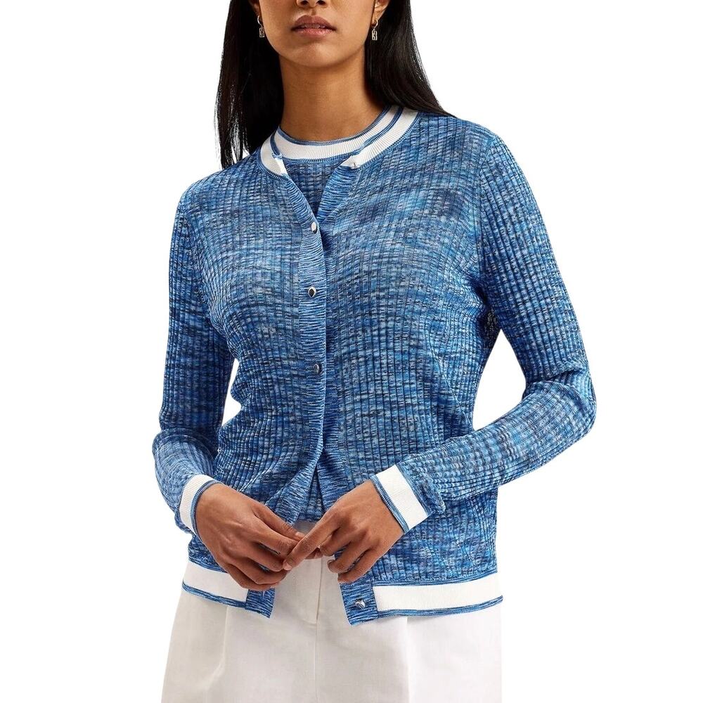 Ted Baker Sz 1 ADDLINN Blue Ribbed Soft Knit Long Sleeve Fitted Cardigan